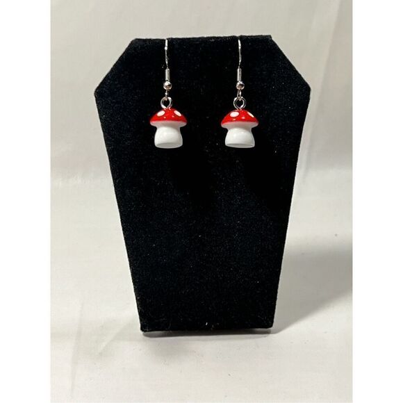 No Brand Jewelry - Red Mushroom Inspired Silver Colored Fish Hook Stud Earring